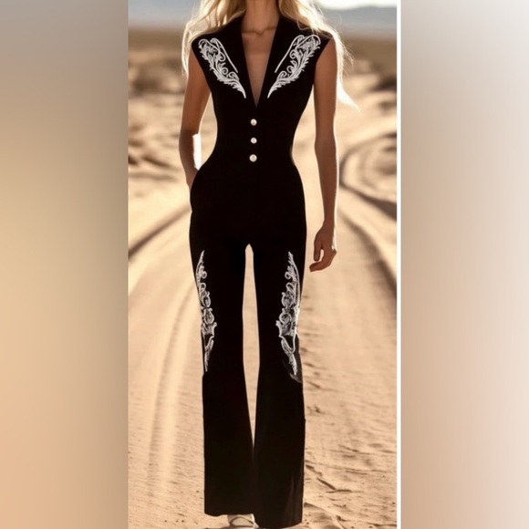 Oyrosy Pants - NWT Oyrosy black embroidered western jumpsuit sz. 6